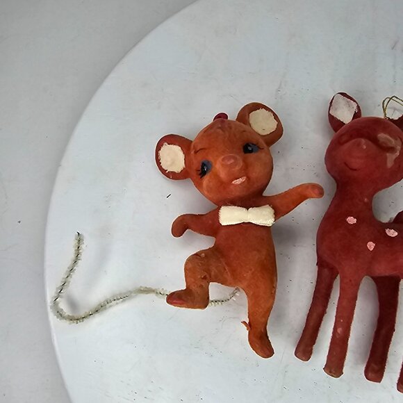 Vintage Flocked Dancing Mouse & Deer Christmas Ornaments Set - Picture 2 of 7